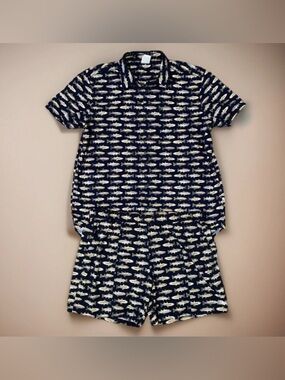 North Face Blue Shirt & Shorts Set Mens XXL  All Over Trout Print Short Sleeve